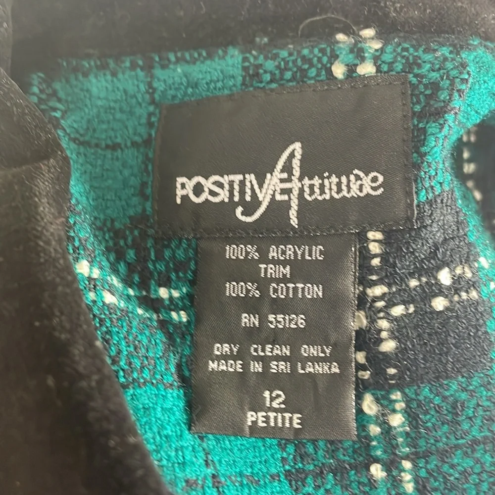 Positive Attitude Vintage Tweed Blazer Velvet Collar Teal Green Plaid